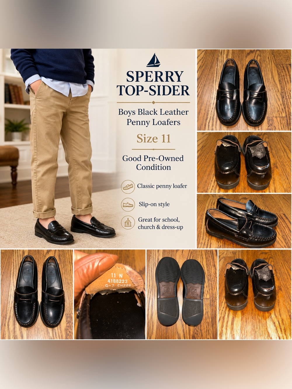 Sperry Top-Sider Boys Black Leather Penny Loafers Size 11
